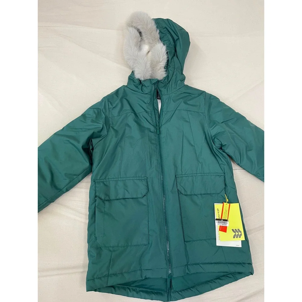All in Motion Kids Teal Green Sherpa Lined Parka Jacket Faux Fur Hood Size S 6/7